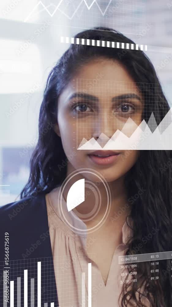 Poster animation of multiple graphs, loading circles, bars over smiling caucasian woman standing in office