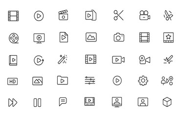 Minimal Line Style Video Editing Icon Set – Film, Movie, Play, Record, Cut & Media Symbols for Cinematography, Digital Production, Streaming, Animation, Creative Content Tools