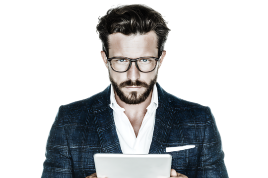 Serious businessman using a tablet.