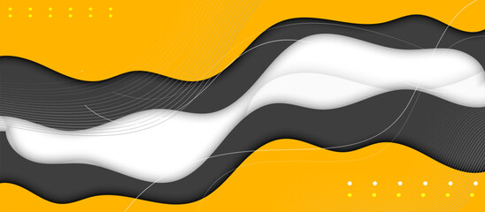 Horizontal Banner with Flowing Orange-Yellow and Dark Gray Shapes, Embossed White Layers and Semi-Transparent Lines, Featuring Small Yellow Dots for Depth, Texture, and Modern 3D Visual Motion