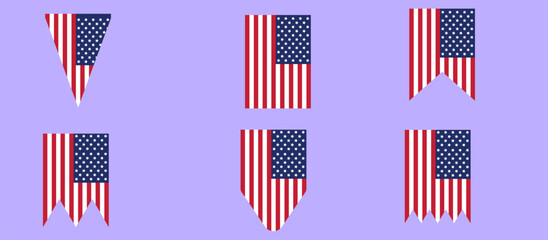 Stylized Grid of Six U.S. Flags on Pale Purple Background, Featuring Red and White Stripes with White Dot Stars in Triangular, Rectangular, and Scalloped Banner Shapes for a Creative Americana Look
