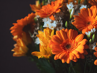 A lovely small bouquet of bright orange gerbera daisies against a simple, dark background.
