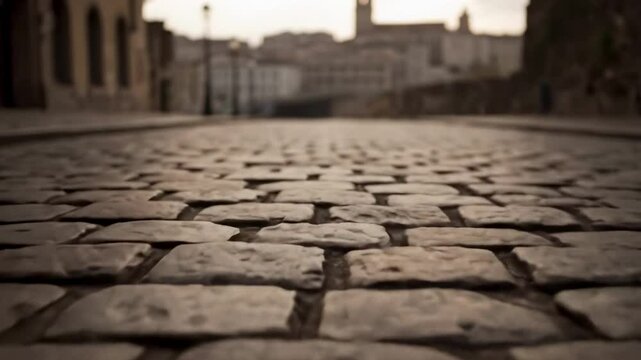 A close-up view of cobblestone pavement leading through an old town, showcasing the textures and patterns of the stones, with historic buildings and a distant skyline in soft focus