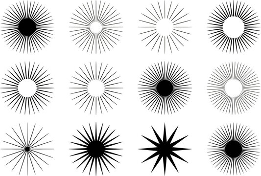 Monochrome starburst and sunburst icon collection, abstract burst shapes, retro vector, vintage decorative elements, classic design