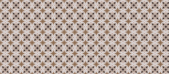 Repeating Grid Pattern of Intricate Floral-Like Motifs with Cross-Shaped and Radiating Elements in Dark Brown and Beige on Light Background with Subtle Mosaic Texture and Tiling Effect