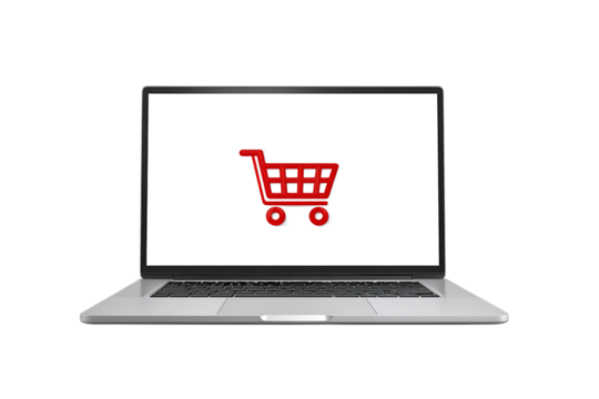 Laptop screen displaying a shopping cart icon.