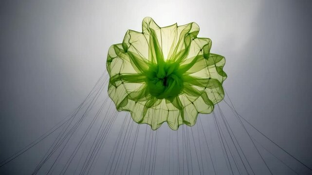 A cinematic video of a parachute opening gracefully in the sky, its green fabric and cords moving with the wind.