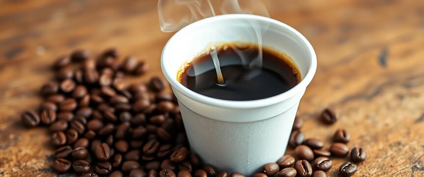 Steaming hot coffee in a styrofoam cup, scattered coffee beans nearby, robusta, to go
