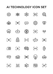 AI Technology Icon Set, Minimalist Line Icons for Artificial Intelligence, Machine Learning, and Cybersecurity