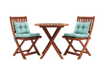 Wooden garden furniture set with cushions.
