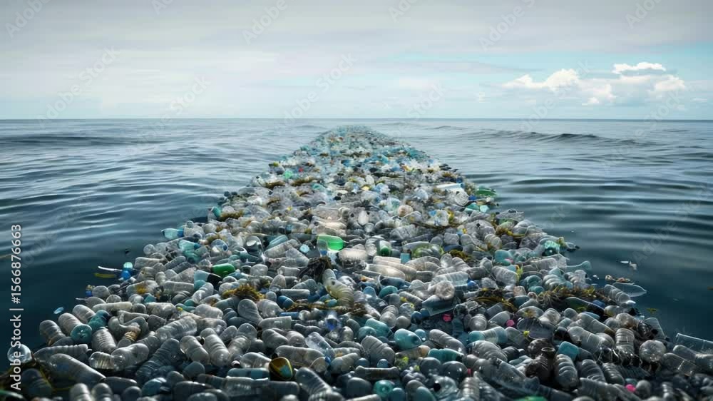 Poster a collection of plastic bottles floating in the ocean, highlighting pollution and environmental conc