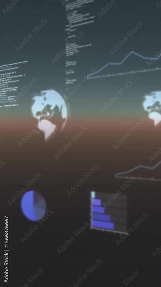 Poster animation of globes, graphs and computer language over abstract background