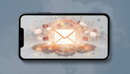 Modern smartphone displaying email icons and digital communication concept with a dynamic graphic and neutral background for digital marketing.