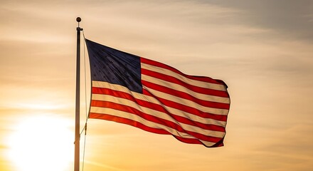 Waving National Flag Red White and Blue Against Golden Sky