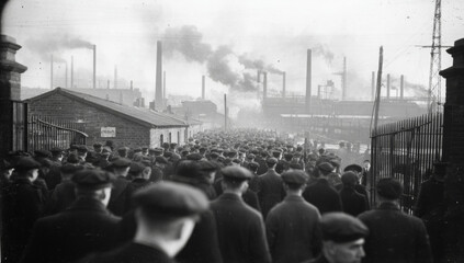 Industrial Revolution Factory Workers Entering Workplace - Historical Black and White Photo

