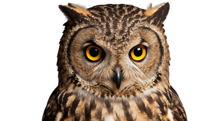 This striking close-up portrait showcases an owl's intense, golden eyes.