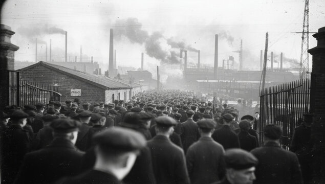 Industrial Revolution Factory Workers Entering Workplace - Historical Black and White Photo

