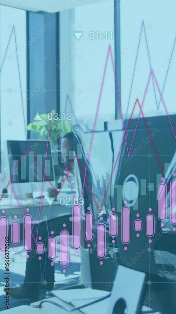 Poster animation of multiple graphs with changing numbers, woman talking on cellphone in office