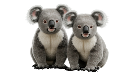 Two cute koalas sit together, showcasing their fluffy fur and adorable expressions.