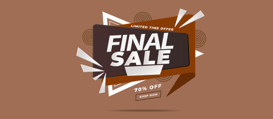 Final Sale Promotional Banner with Bold White Text on Angled Dark-Brown Speech Bubble — Limited Time Offer, 70% OFF Highlighted with Stylized Shapes on Terracotta Background