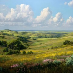 Obraz premium prairie landscape is characterized by its rolling hills vibrant wildflowers and diverse array of species living together in a harmonious mosaic