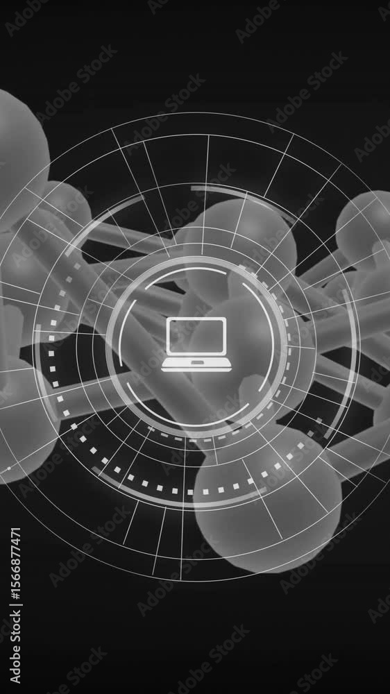 Aufkleber animation of application icon in circles over connected circles against black background