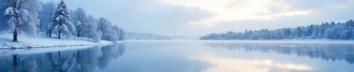 Serene Winter Landscape Frozen Lake Reflecting a Stark Sky, Snow-Covered Trees Line Shore