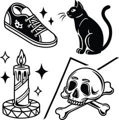 Cute black and white cat animal icon vector illustration with a funny cartoon pet design