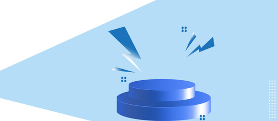 Glossy Blue Cylinder Podium with Radiating Lightning Bolts and Abstract Light-Blue Gradient Background, 3D Platform with Dynamic Elements for Promotion, Product, or Tech Display