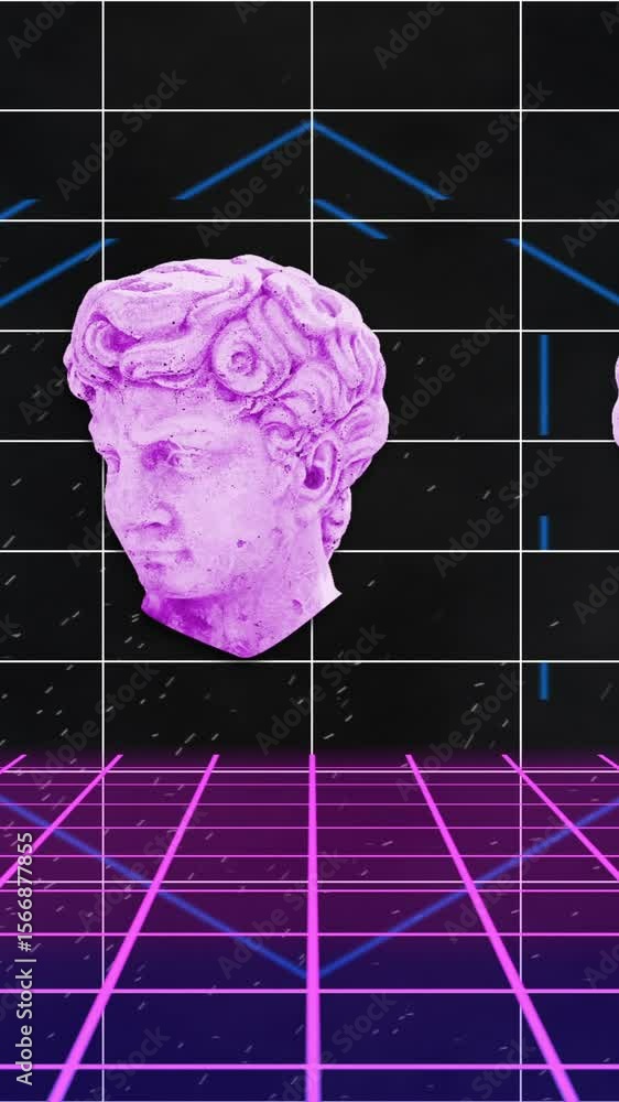 Poster animation of leaves and head of male statues moving on grid pattern against abstract background