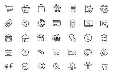 Modern shopping icon set with adjustable line weight, including cart, basket, bag, receipt, discount, promotion, sales, online store, retail, checkout, price, order, ecommerce