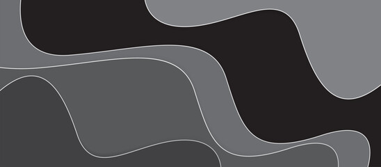 Grayscale Abstract Background with Overlapping Wavy Shapes and Thin Dashed White Lines, Monochrome Design Featuring Layered Depth, Texture, and Flow for Modern Creative Use