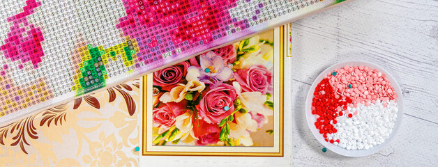 Set for beading. Beads in packages. Threads in the palette