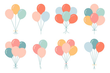Colorful helium balloons set, pastel party decoration, floating celebration elements, festive birthday design, cheerful illustration