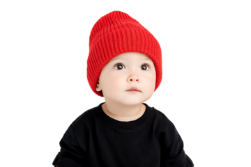 Adorable baby in a red beanie.