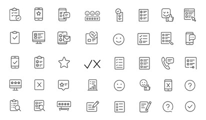 Survey Icon Set Vector – Online Questionnaire, Mobile Review, Mood Tracker, Star Rating, Feedback, Positive Negative Evaluation, Web, Phone, Mail Survey, Poll, Analytics