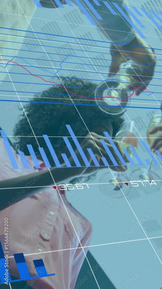 Poster animation of changing numbers, loading circles, low angle view of coworkers toasting with wine