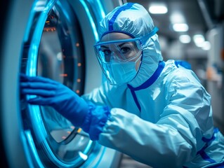 healthcare professional inspecting medical equipment in a containment suit