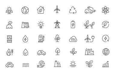 Clean Energy Icon Set Vector | Adjustable Line Weight | Solar Panel, Wind Turbine, Eco House, Electric Vehicle, Recycling, Geothermal, Hydroelectric, Nuclear, Sustainable Innovation