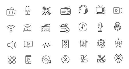Broadcast Icon Set Vector | Adjustable Line Weight | Media Control, Camera, Microphone, Satellite, Radio, Stream, Headset, TV, Video, Signal, Podcast, Recording, Transmission, Technology