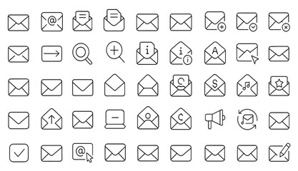 Mail and Post Icon Set with Adjustable Line Weight, Outline Stroke, Electronic Letter, Inbox, Envelope, Communication, Shipping, Office, Telegram, Contact, Send, Receive, Messaging