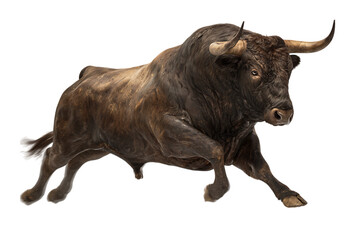 Powerful bull charging, isolated on black background.