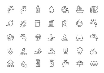 Clean Water Vector Icon Set   Adjustable Line Weight   Tap, droplet, bottle, filtration, recycle, leak, hygiene, plumbing, earth, drink, conservation, sustainability, environment © aura studio