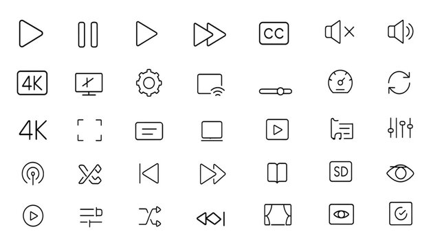 Video Player Icon Set Vector | Multimedia Playback Controls | Adjustable Line Weight | Play, Pause, Rewind, Fast Forward, Volume, Subtitles, HD, 4K, Fullscreen, Streaming, Settings, UI