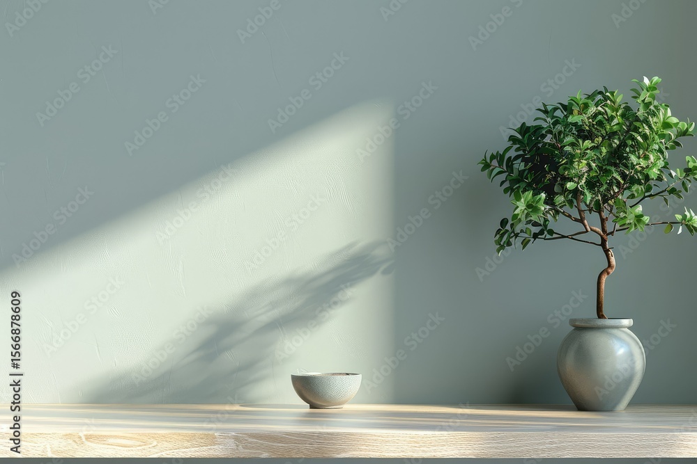 Poster vibrant color picture of a tree and pot are on a table with a pot on it