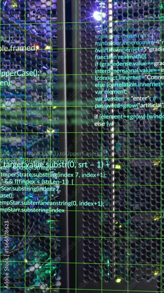 Poster animation of multicolored computer language over illuminated data server system