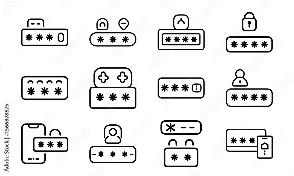Poster collection of simple password icons representing security and user authentication with minimalist st