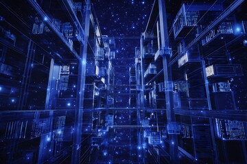 Futuristic cityscape with digital network connections.
