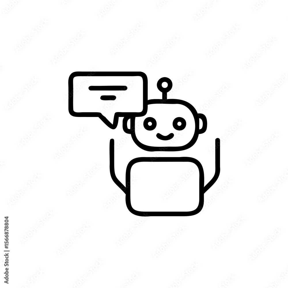 Poster robot icon with speech bubble lines on handdrawn chatbot chat