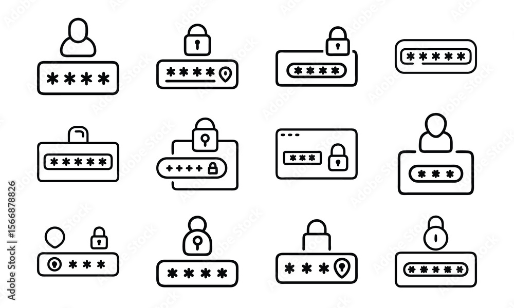 Poster collection of simple password icons and illustrations representing security and protection for digit